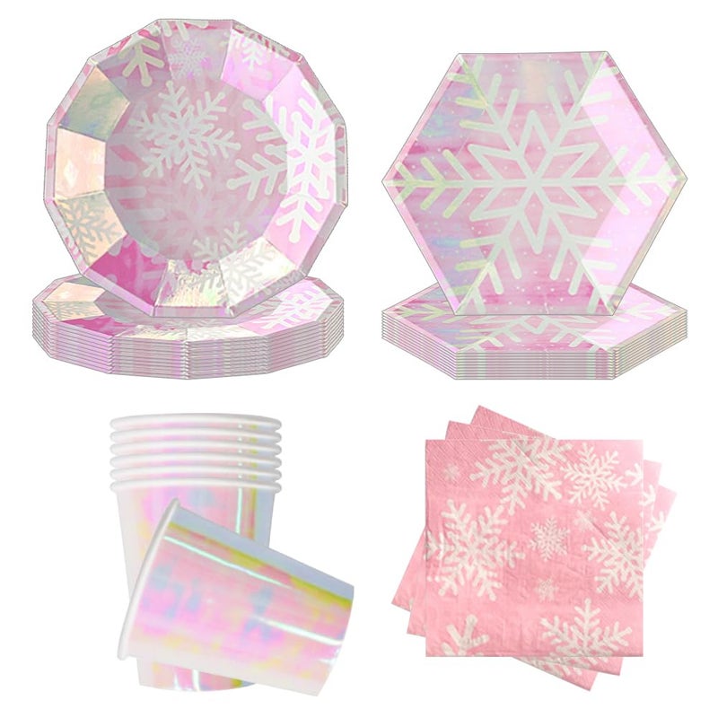 Ipalmay Christmas Snowflake Party Supplies Set Serves 16, Iridescent Pink Themed Party Supplies, Snowflake Paper Plates, Paper Napkins, Paper Cups Straws Spoons Forks - Image 5